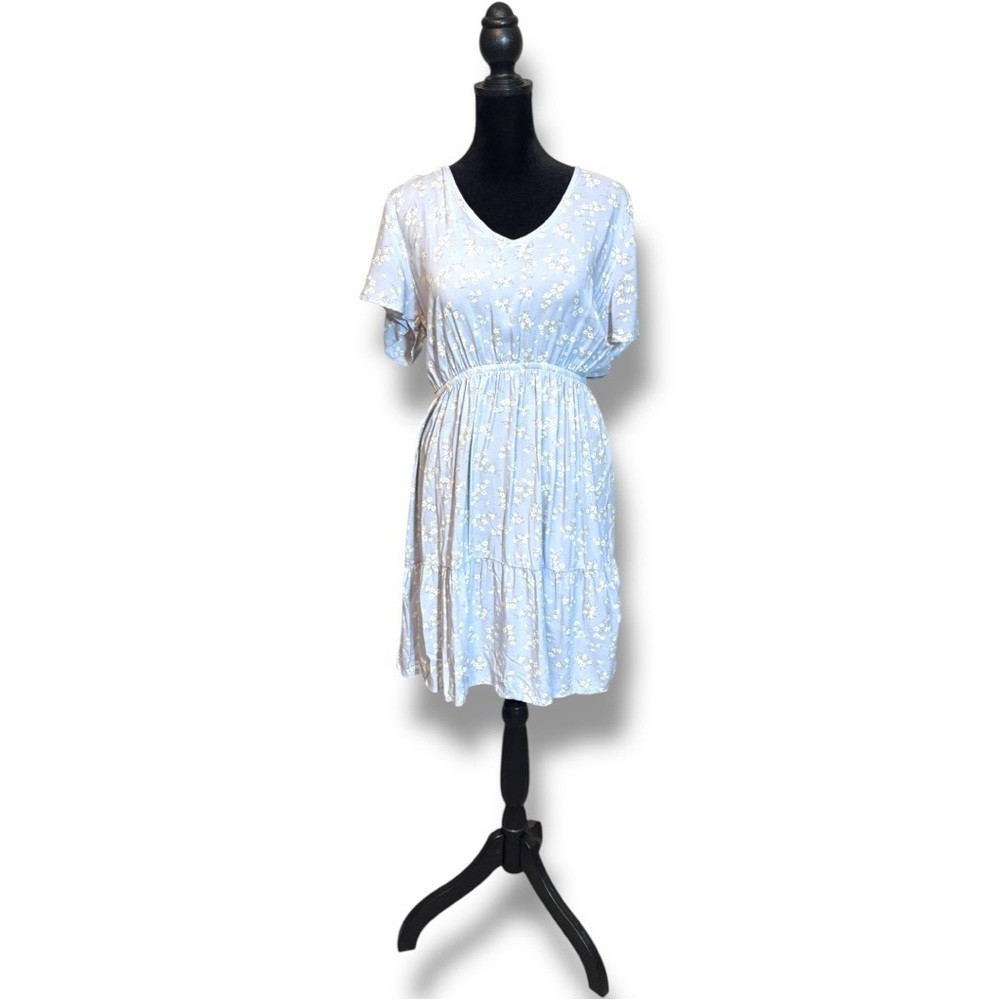Yarn&Sea Baby Blue Floral Print Smocked Open Back Flutter Short Sleeve Sundress - Picture 2 of 16
